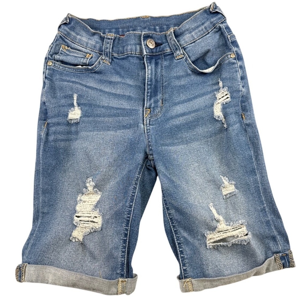WallFlower Womens Blue Distressed Bermuda Denim Shorts Size 0 Cuffed WFJ12042Q